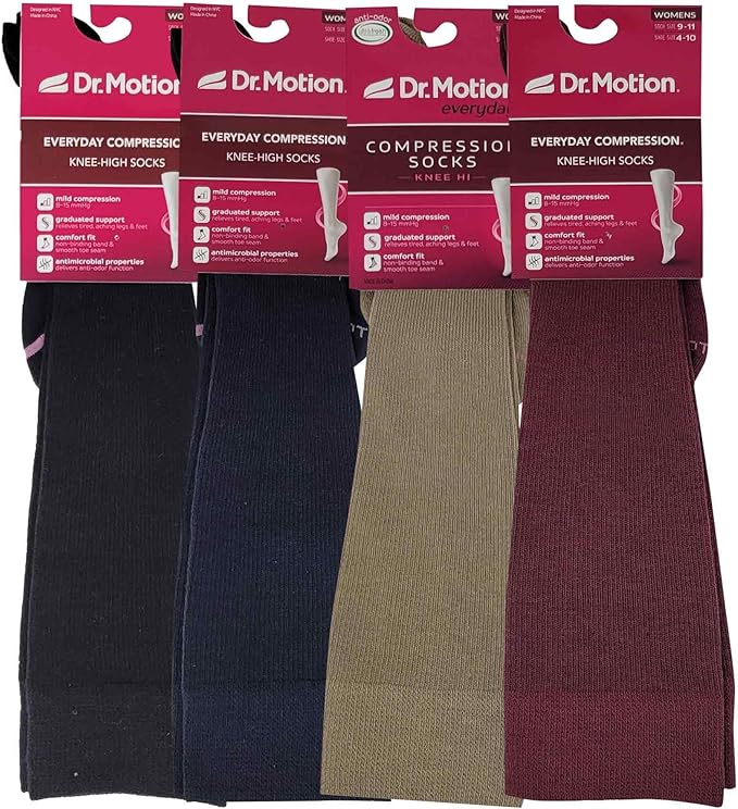 Dr. Motion Compression Knee High Socks for Women - 4 Pairs Pack