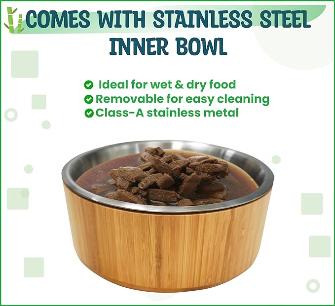 Elevated Dog Bowl for Mid-Large Breed, (12-Inch High) - Raised Food and Water Bowl with Stand, Flip-Resistant - Real Bamboo and Stainless Steel