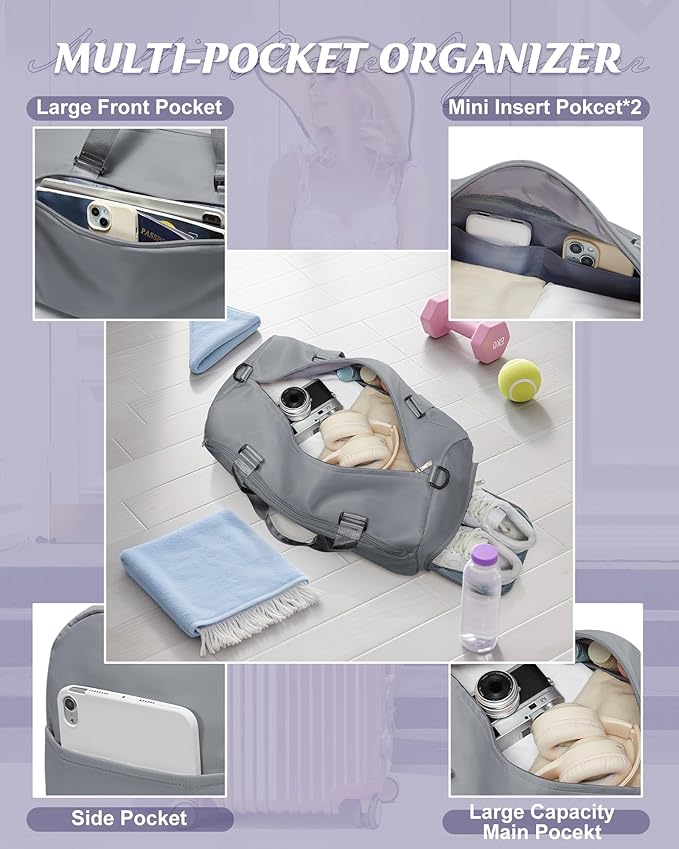 Gym Bag for Women with Shoe Compartment Lightweight Travel Duffle Bags Carry on Bag Overnight Weekender Duffel Bag with Wet Pocket Personal Item Travel Bag Tote Bag Workout Dance Bag Grey