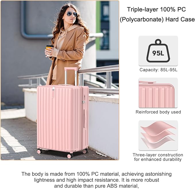 28 Inch Large Checked Luggage, Hardside Checked Suitcase with 360° Spinner Wheels, Lightweight PC Hard Shell Carry Luggage, TSA Approved Lock, 28" Expandable Large Suitcase for Women Travel