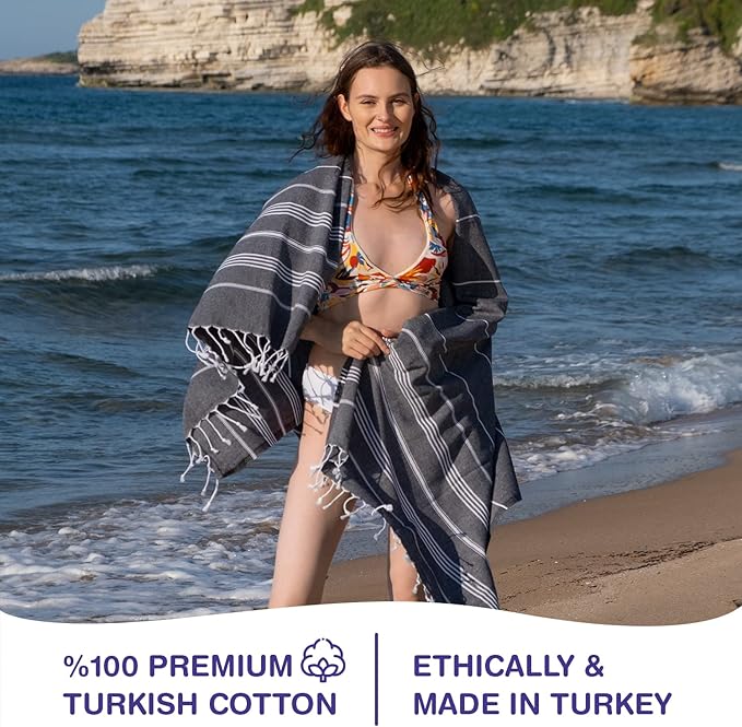 Turkish Beach Towels, Bulk Case of 36 | Oversized, Quick Dry, Sand Free | 100% Cotton, Large 38x71 Towels for Beach, Pool, Travel | Ultra-Soft, Compact, Absorbent | Black