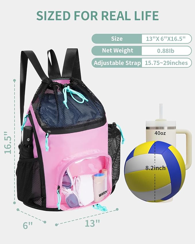 WANDF Swim Bag with Wet Pockets, Sandproof Beach Backpack with 40oz Tumbler Side Pockets, Mesh Drawstring Backpack Swim Bag for Swimming, Pool, Gym and Workout Gear (Pink)