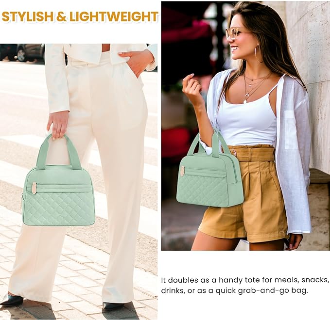 Insulated Lunch Bag for Women, Portable Lightweight Lunch Box for Adults, Reusable Small Lunch Tote Cooler Bags with Front Zipper Pocket for Work School Picnic(Green)