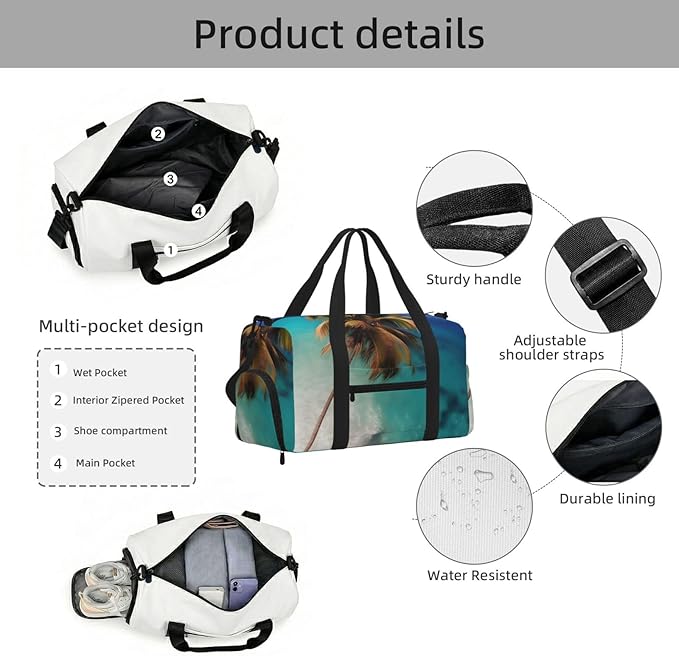 Caribbean Islands Print Gym Bag with Shoe Compartment for Women Men, 17.7in Sports Duffle Weekender Tote, Overnight Travel Duffel Bag Carry On