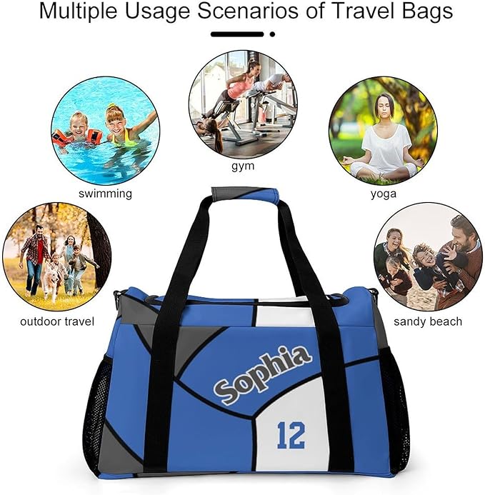 Custom Volleyball Blue Duffel Bag with Name Personalized Travel Bags Sport Gym Bag Carry On Weekender Bags for Men Women