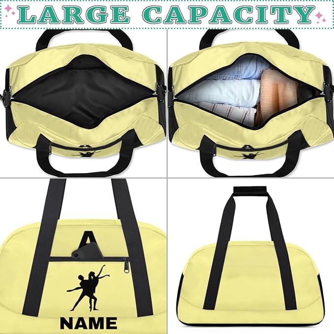 Personalize-Kids-Sports-Duffel-Bags With Custom Name Text Carry-On Overnight Travel Gym Lightweight Dance Pattern Sports Bags For Girls Boys Kids,Yellow