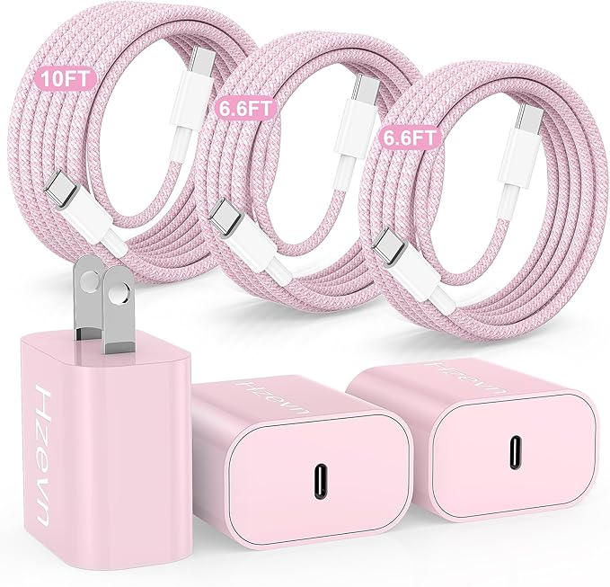 Fast Charging for iPhone 15 16 Pro Max Charger Colorful, 3Pack 20W USB C Fast Chargers Block with 6/6/10ft Long USB C to C Braided Cable Compatible with iPhone 16/15 Pro/15 Plus/iPad Pro 13/12.9,Pink