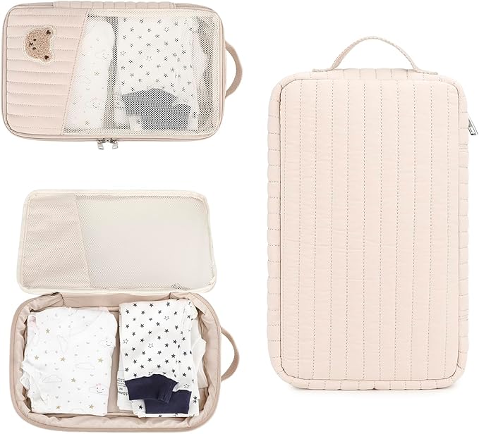 MOMIGO Baby Diaper Bag Organizer Pouches - 2 Pack Waterproof Pod Hanging Diaper Bag Cute Rabbit Bear Mesh Bag Reusable, Washable or Baby Cloth Diapers (Khaki)