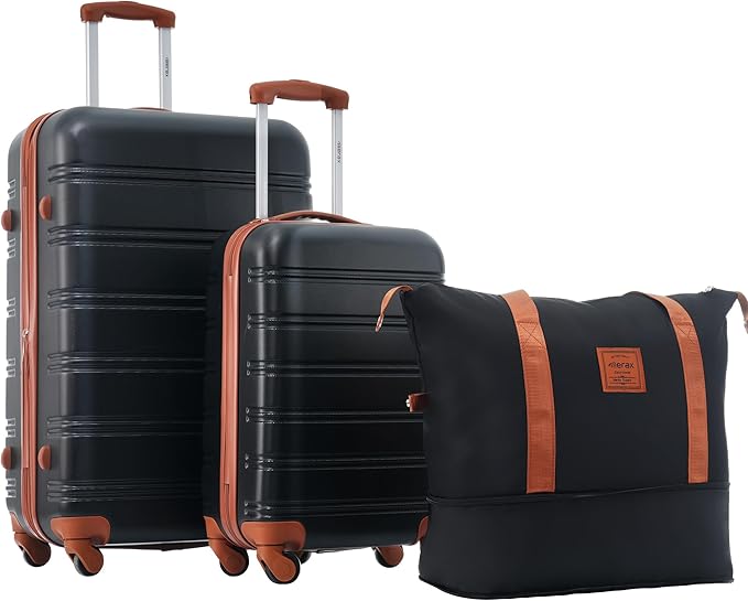 Merax Luggage Sets 2 Piece Expandable Hardside Luggage with Travel Bag Suitcase Set with Spinner Wheels(20+28+bag,Black+Brown-1)