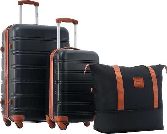 Merax Luggage Sets 2 Piece Expandable Hardside Luggage with Travel Bag Suitcase Set with Spinner Wheels(20+28+bag,Black+Brown-1)