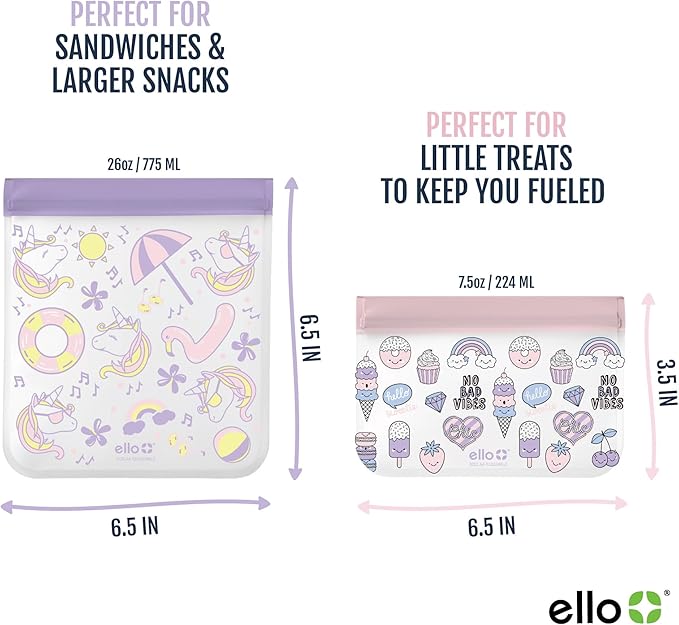 Ello 4 Pack Reusable Food Storage Bags, Resealable BPA-Free, Food-Safe PEVA, Feezer Safe and Leak-Proof