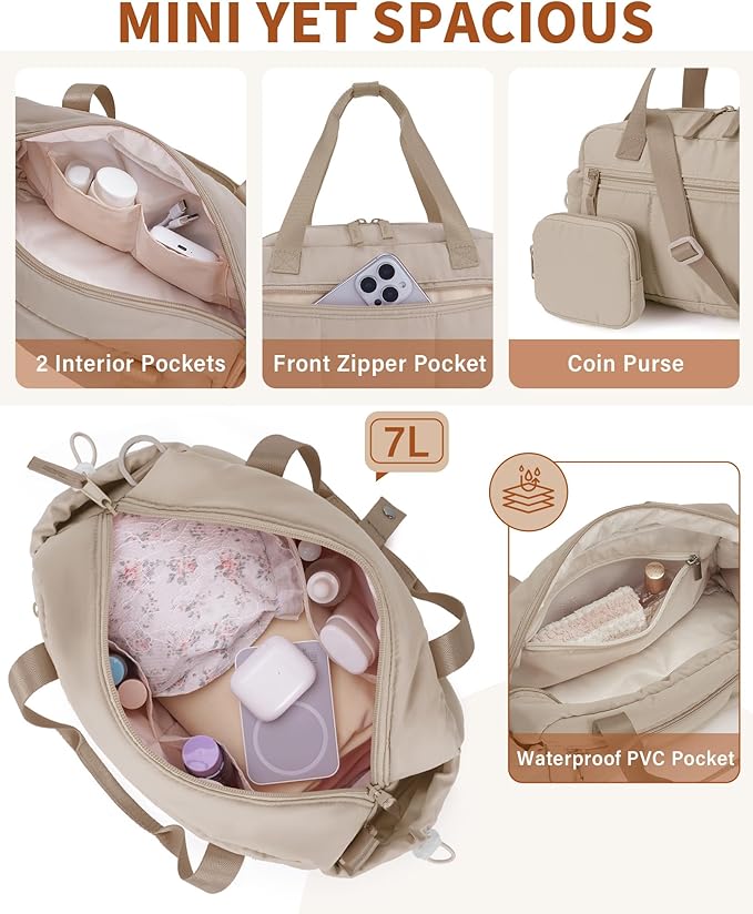 Ceneda Small Gym Bag for Women, Quilted Puffer Tote with Wet Pocket & Coin Purse, Lightweight Mini Sports Travel Duffle with Crossbody Strap, Water-Resistant for Workout, Yoga, Daily Commute