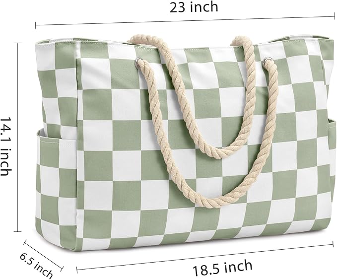 Becokan Beach Bags for Women Checkered Large Beach Tote Bag Zipper Beach Bags Waterproof Sandproof Canvas Swim Pool Bag
