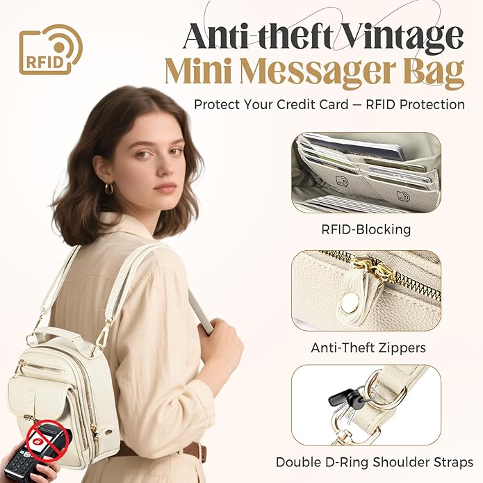 Vegan Leather Crossbody Bag for Women with 2 Straps, Small Messenger Bag with Anti Theft Zipper Pocket Vintage Shoulder Bag