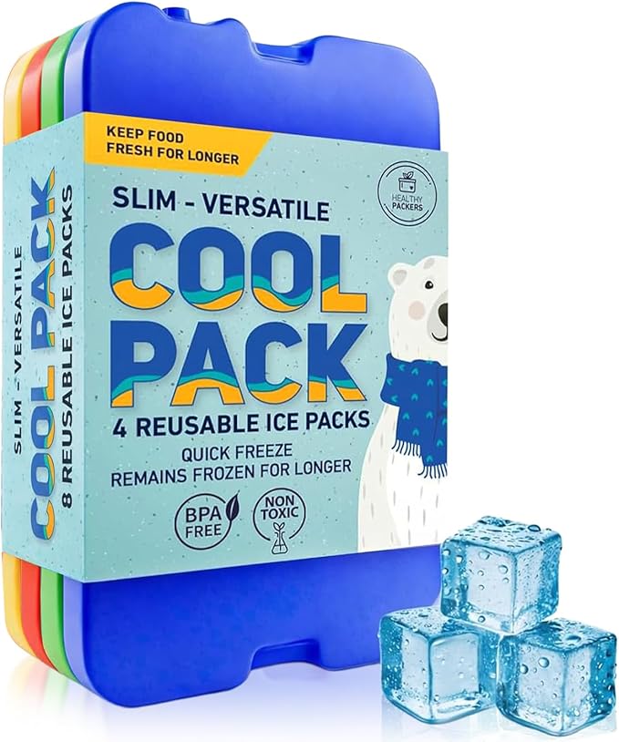 Healthy Packers Ice Packs for Lunch Boxes & Coolers - Original Cool Pack | Slim & Long-Lasting Reusable Ice Pack for Lunch Bags | Freezer Packs for Coolers (Set of 4)