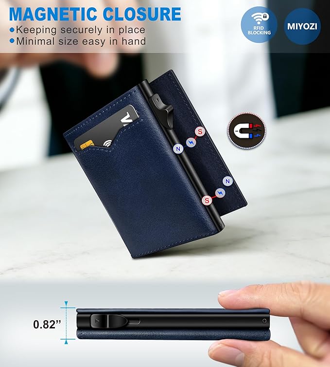 Wallet for Men,with Cash Pocket 2 ID Window 9-13 Cards,Metal Case Smart Slim Pop Up Credit Card Holder Flip with Magnetic Closure RFID Blocking Trifold wallet with Gift Box