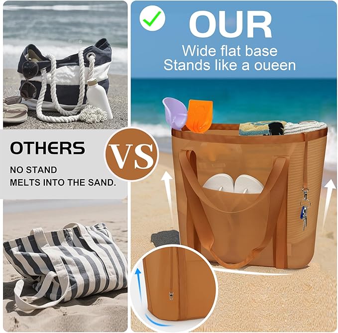 Mesh Beach Bag for Women - Sandproof Beach Tote, Large swim bag, Vacation Essentials for Family,Pool,Cruise,Gym (Camel)