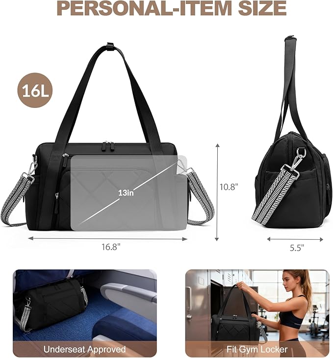 SYTRAH Gym Bag for Women, Duffle Weekender Bags for Travel, Lightweight Weekender Tote with Wet Pocket for Sports, Workout and Dance Black
