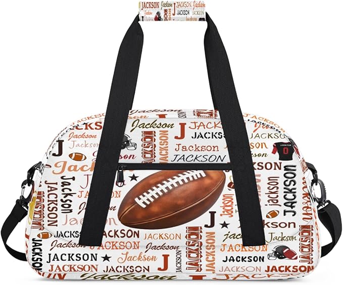 Custom Name Football Duffel Bag for Boys, Personalized Sports Gym Bag Overnight Travel Weekender Bag Lightweight Carry On Sleepovers Bag for School Practice Gymnastics Soccer Football