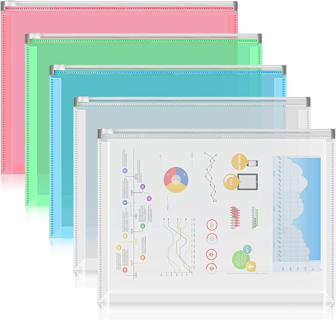 FYY 5PCS Plastic Envelopes, A4 Letter Size Poly Zip Envelopes File Folders, Translucent Expanding Document Wallet Pouch with Zipper for School and Office Supplies, 12.8 x 9.4 Inches, Assorted Color