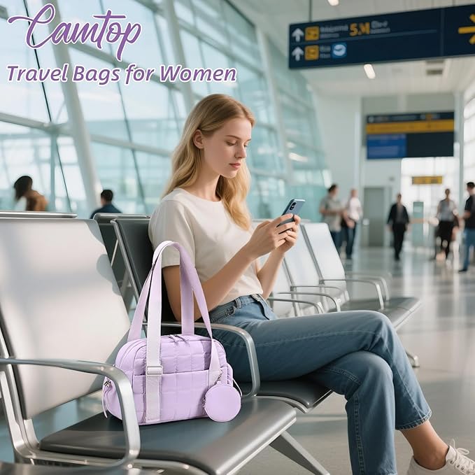 CAMTOP Mini Gym Bag for Women, Small Gym Tote Bag Puffy Quilted Sports Duffel Bag with Wet Compartment and Coin Purse Duffel Bags Dance Yoga Workout Bag for Gifts (Fashional Purple, Mini-12.6")