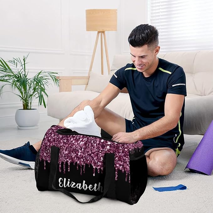 Duffle Bag, Personalized Name Bling Sequin Glitter Print Black Travel Bag, Lightweight Gym Training Sports Bags Custom Unisex Gifts for Men Women