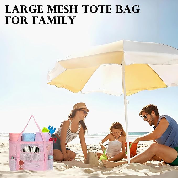 Mesh Beach Bag, Large Beach Tote with Zipper Pocket, Toys Pool Bag for Family Travel Vacation Cruise Essentials