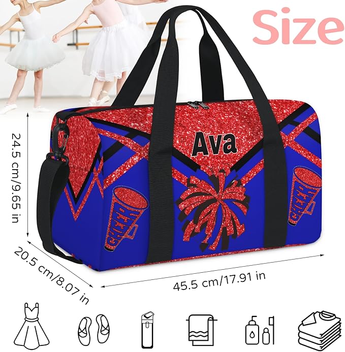 Personalized Teens Sport Duffle Gymnastics Bag, Custom Name Cheerleaders Carry On Weekender Bag for Women Travel Business Trip, Red Sequins Glitter Black Royal Blue