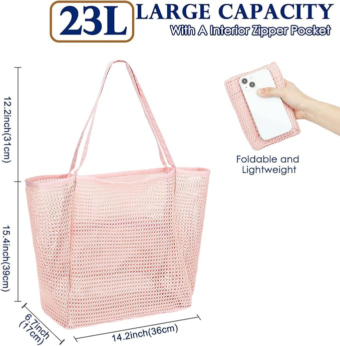 Mesh Beach Bag, Large Beach Tote with Zipper Pocket, Toys Pool Bag for Family Travel Vacation Cruise Essentials