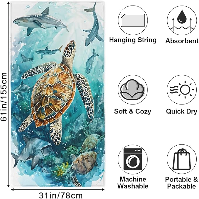 Turtle Shark Undersea Beach Towel, Large Microfiber Quick Dry Lightweight Pool Bath Towels Sand Free Beach Blanket for Summer Cruise Yoga Camping Travel Vacation Essentials 31 x 61 in
