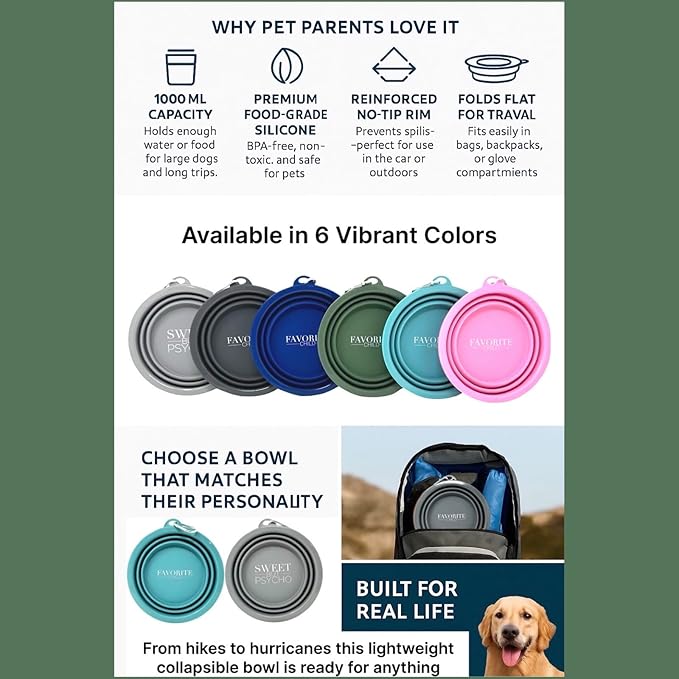 SparkDog Favorite Child Collapsible Dog Bowl, 1000ML (34oz) –XL Food-Grade Silicone Travel Bowl with Sturdy Rim – Extra Large Portable for Dogs & Cats – Great for Pet Lovers (Aqua)
