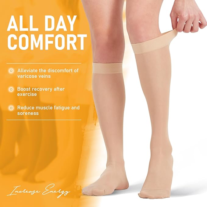 2 Pairs Sheer Compression Socks for Women - 15-20 mmHg Knee High Sheer Compression Stockings for Support Circulation Swelling Edema Work Office Travel, Beige, Medium