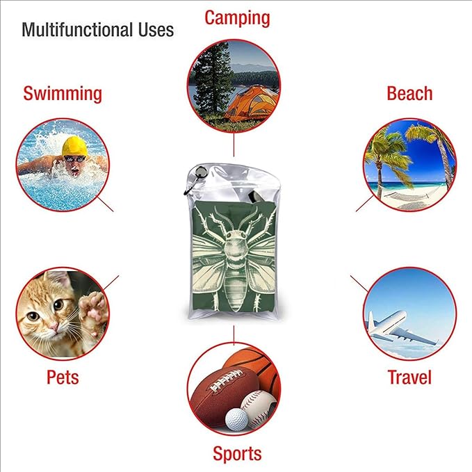 Hand Drawn Insects Sand Free Beach Towel – 27.5"X55" Quick Dry Microfiber Beach Towels for Travel, Swimming, Pool, and Camping, Absorbent and Compact Beach Essential for Women, and Men