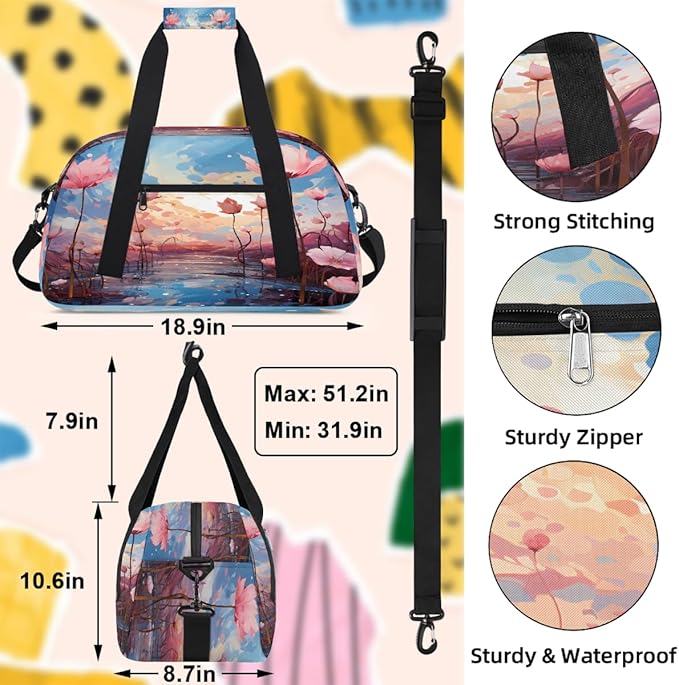 Pink Lotus Sunset Sports Duffel Bags, Water-Resistant Gym Duffle Bag for Men Women, Lightweight Weekender Overnight Bag for Fitness, Workout, Travel