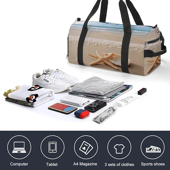 Starfish Shell And Beach Gym Bag Lightweight ，Travel Duffle Bag with Shoe Compartment，Gym Bag for Women for Overnight, Weekend, Yoga, Gym, Business Trips, Sport And Hospital.