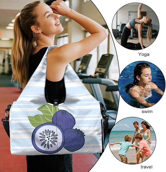 Blueberry Duffle Bag Women with Yoga Mat Holder Durable Blue Gym Bags for Women with Shoe Compartment, Waterproof Stylish Workout Bag Sports Travel Weekender