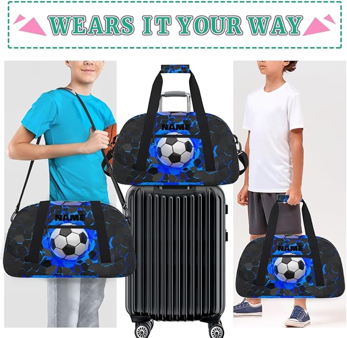 Personalized Name Sports Bag for Kids Boys, Custom Gym Duffel Fitness Travel Weekender Tote Carry-On Training Perform Bag, Soccer Black Blue