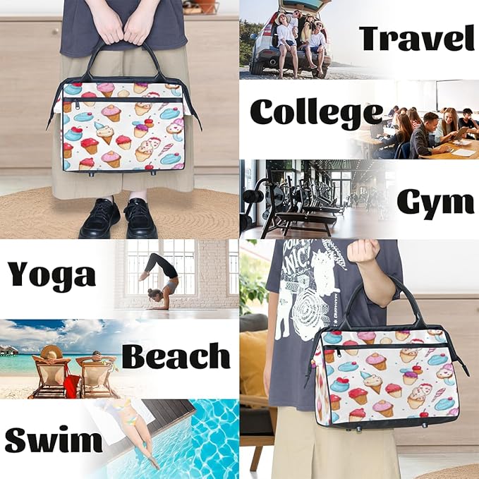 Summer Ice Cream Overnight Weekender Bag for Women Men Travel Duffel Bags Waterproof Luggage Carry on Sports Yoga Gym Bag