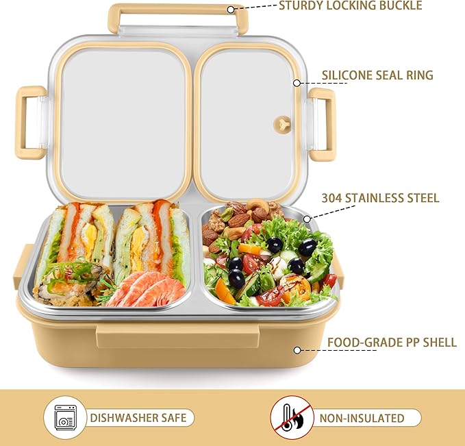 Stainless Steel Lunch Box with 2 Compartments, Leakproof, 30.5 oz Food Storage Containers, Bento Box for Adults,Men,Women(Yellow)