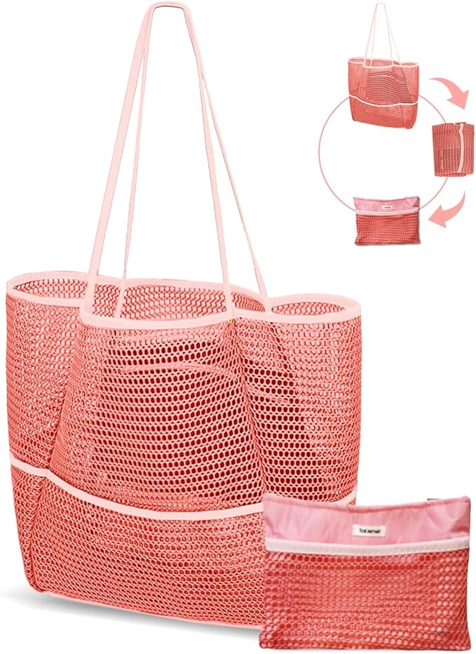 Mesh Beach Tote Bag Packable,2026 New 2-in-1 Large Lightweight Foldable Beach Bags with Multiple Pockets for Women