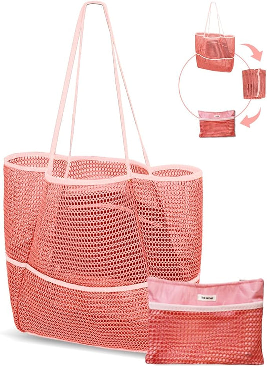 Mesh Beach Tote Bag Packable,2026 New 2-in-1 Large Lightweight Foldable Beach Bags with Multiple Pockets for Women