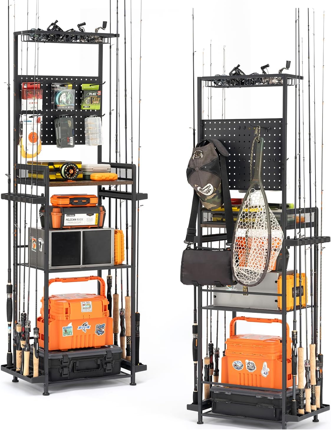 SOYEEZE Fishing Rod Holders for Garage,Fishing Gear Holder for Fishing Rod Tackle Box Storage，Fishing Pole Holders for 12 Rods with Hooks and Pegboard,Fishing Cart with Reel Rack