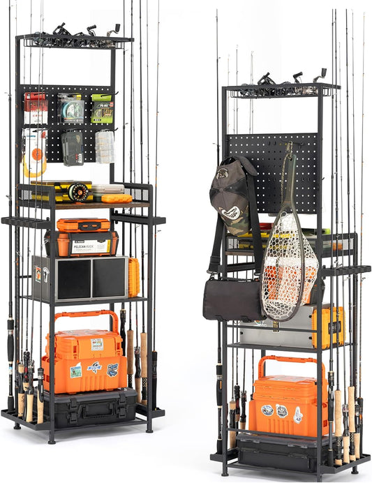 SOYEEZE Fishing Rod Holders for Garage,Fishing Gear Holder for Fishing Rod Tackle Box Storage，Fishing Pole Holders for 12 Rods with Hooks and Pegboard,Fishing Cart with Reel Rack