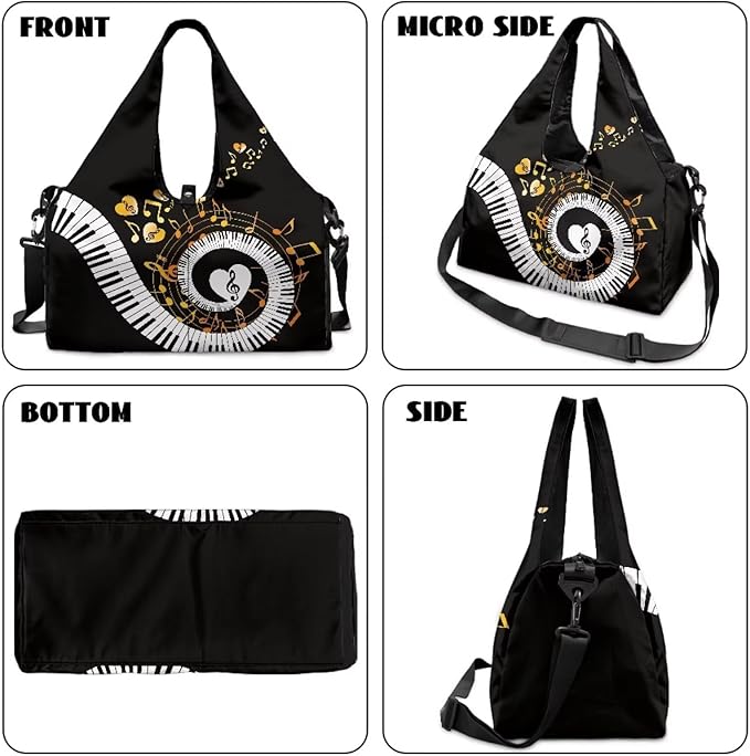 Musical Notes Heart Gym Bag for Women with Shoes Compartment and Yoga Mat Strap Large Capacity Duffle Bag for Dance Swim Travel Carry On Weekender Overnight Bags, Black