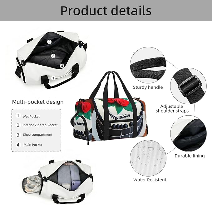 Delicious cakes Print Gym Bag with Shoe Compartment for Women Men, 17.7in Sports Duffle Weekender Tote, Overnight Travel Duffel Bag Carry On
