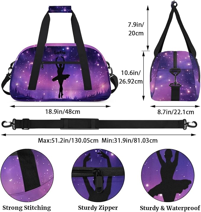 Personalized Boys Gym Bags, Custom Name Sport Bags for Training Travel Overnight Weekender Purple Ballet Silhouette