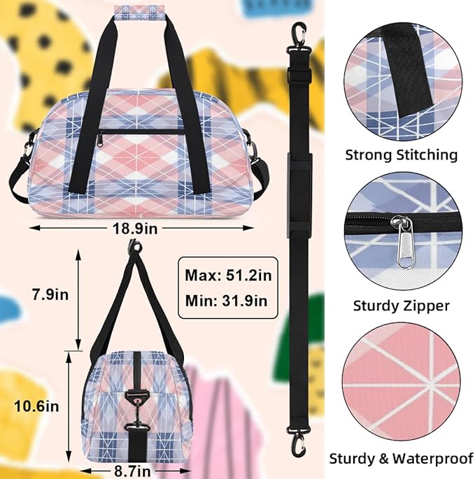 Sports Duffel Bags, Pink Blue Plaid Water-Resistant Gym Duffle Bag for Men Women, Lightweight Weekender Overnight Bag for Fitness, Workout, Travel
