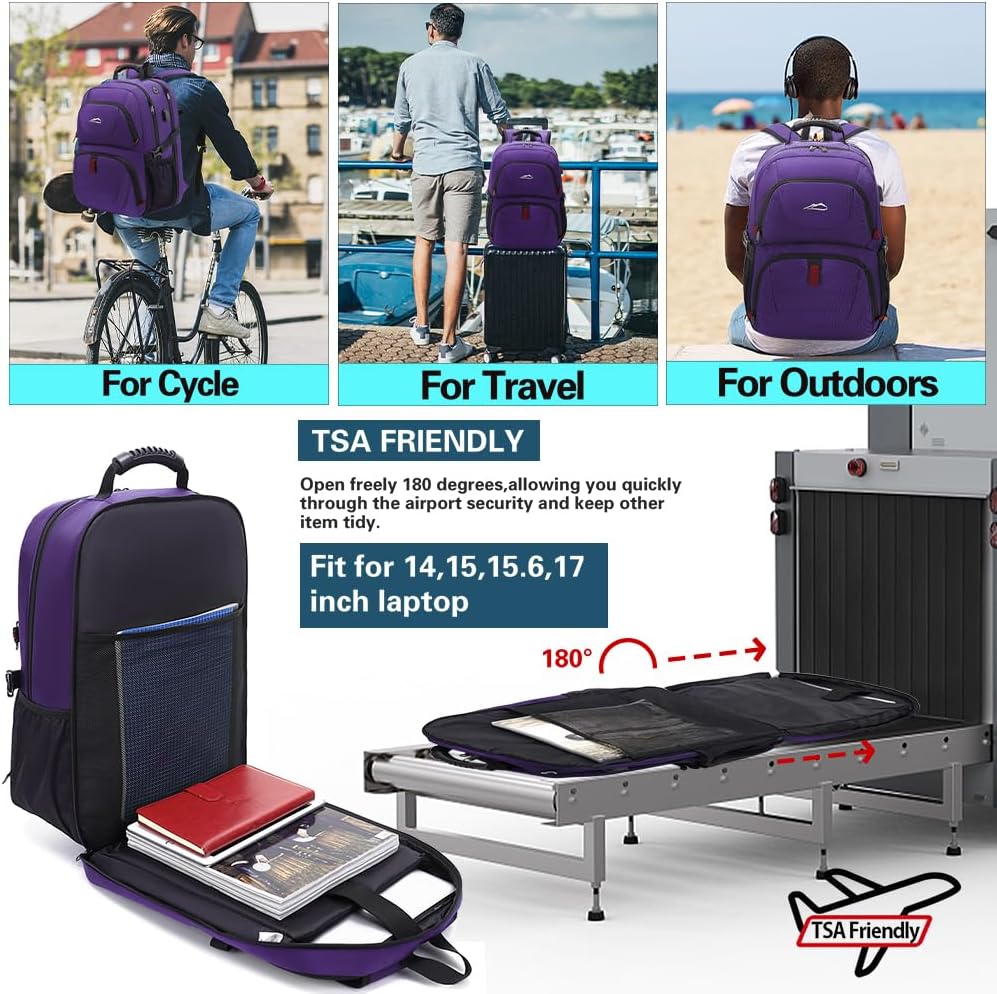 ProEtrade Travel Backpack, Extra Large Laptop Backpack School Business Anti Theft TSA Approved College Work Computer Bag Fits 17 Inch Laptop with USB Charging Port Bookbag for Women Men(Purple)