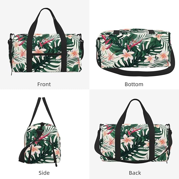 Sports Gym Bag Tropical Leaves Flowers Spring Travel Duffel Bag With Shoe Compartment Shoulder Strap, Lightweight Water-Resistant Weekend Overnight Totes For Women Men