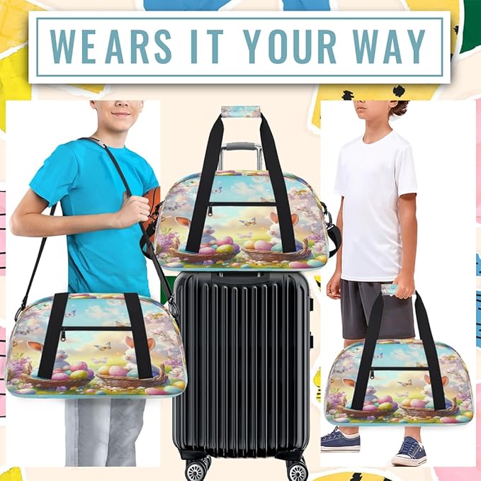 Kids Duffle Bag Girls Boys Spring Floral Easter Bunny Eggs Butterdly Weekender Overnight Bag,Lightweight Duffel Bags for Traveling Gym Sport Dance